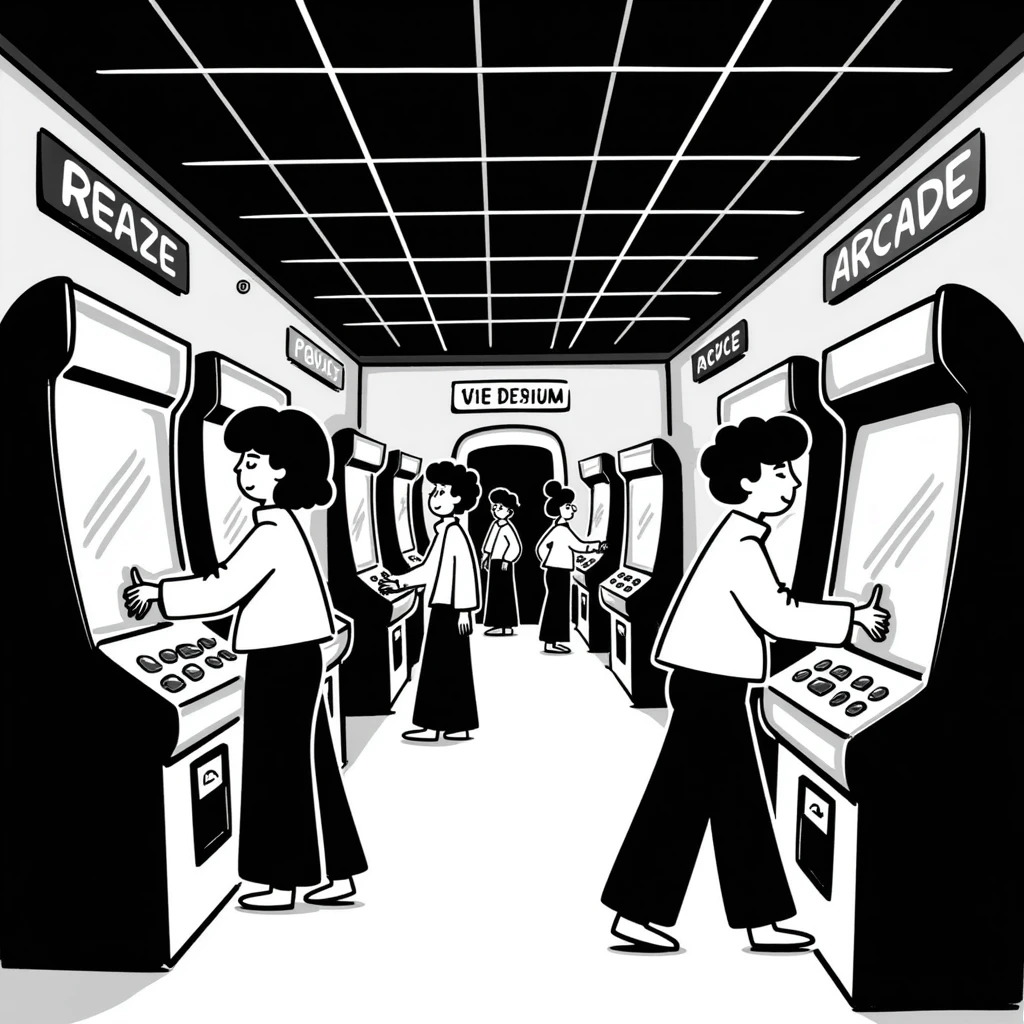 An 80s arcade with glowing machines and neon flooring emoji
