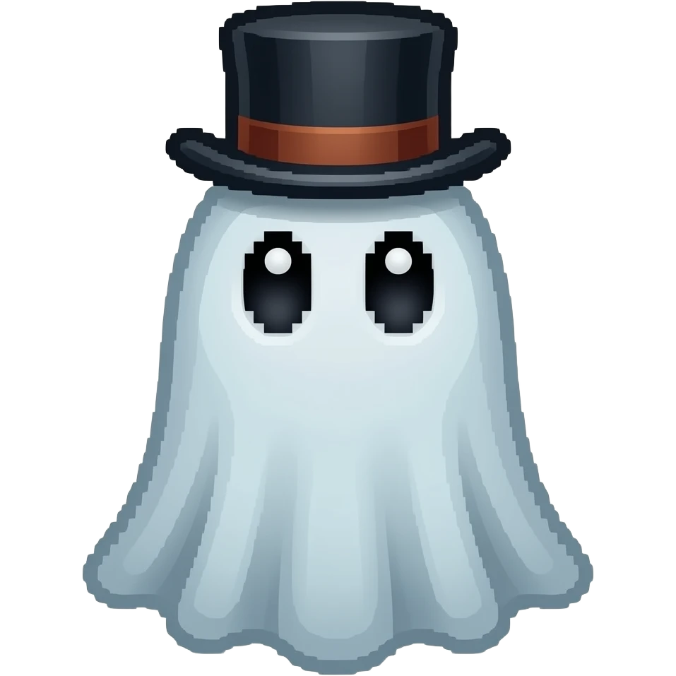 Pixel ghost with white pupils and top hat emoji