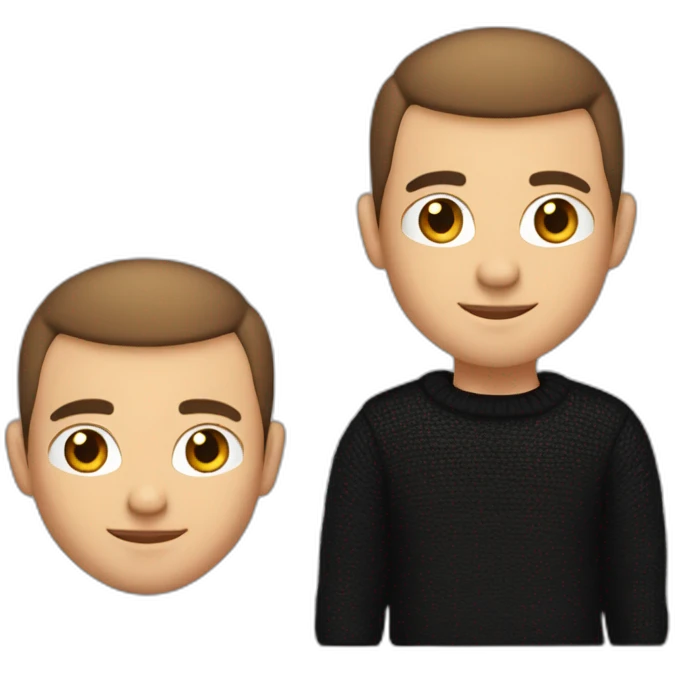 male with buzz cut hair, brown hair, white gold earrings, a laptot in front, apple-style, modern, black sweater, computer in hand emoji
