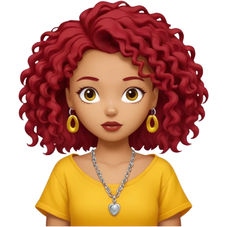 generate a pretty bratz girl with an oversized yellow tshirt falling off her shoulders, wearing a silver dainty necklace, curly dark red hair emoji