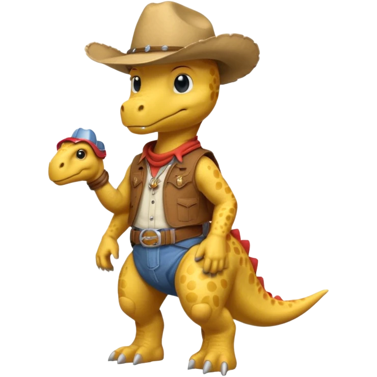 yellow dinosaor with cowboy helmet with cowbot clothes emoji