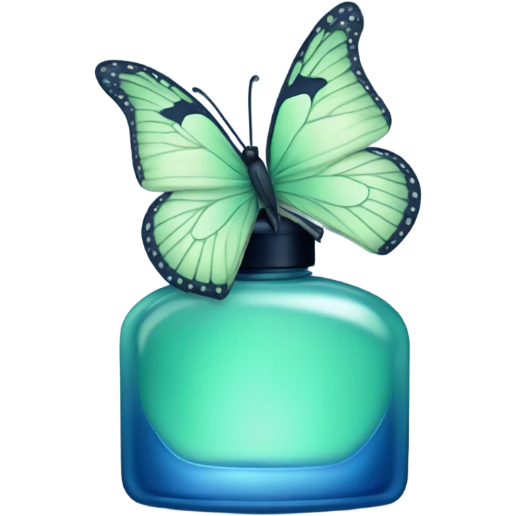  pastel green butterfly resting on an elegant blue perfume bottle with fork dark blue details. emoji