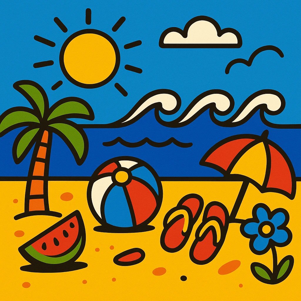 summer scene with sea and sun, vibrant colors, playful style emoji