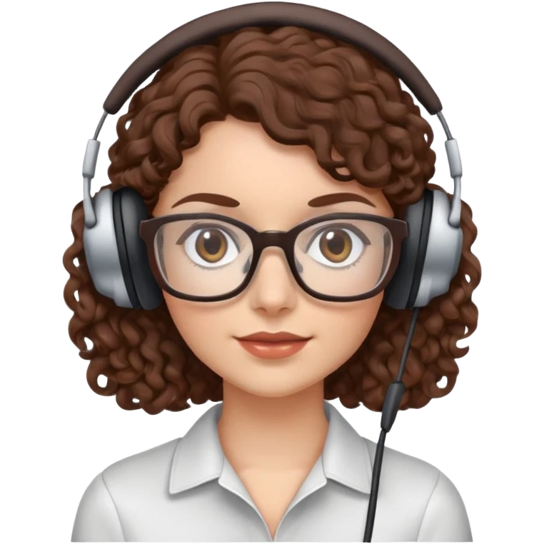 White female  Brown curly hair  Dark brown eyes  Small Square glasses  Headset emoji