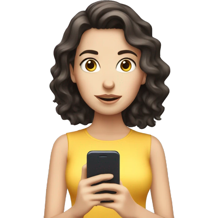 White girl with dark wavy hair reading on smart phone emoji
