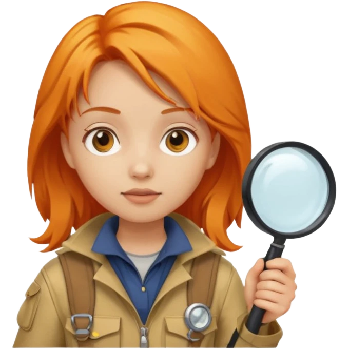 braid orange haired girl in explorer outfit, holding magnifying glass emoji