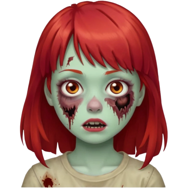 Uma menina de franja cheia, cabelos vermelho zumbi emoji