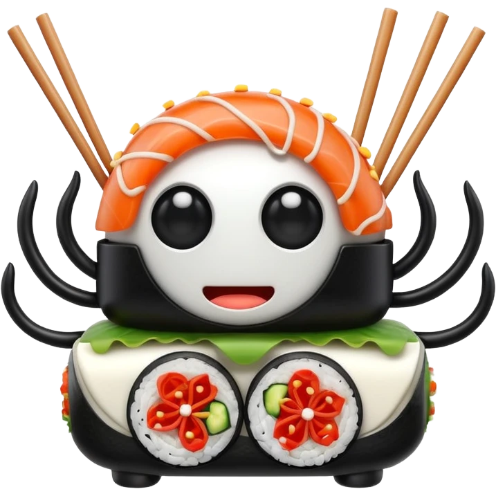 a robot shaped like a sushi roll, with LED eyes, tentacle sticks and soy sauce dripping like wires emoji