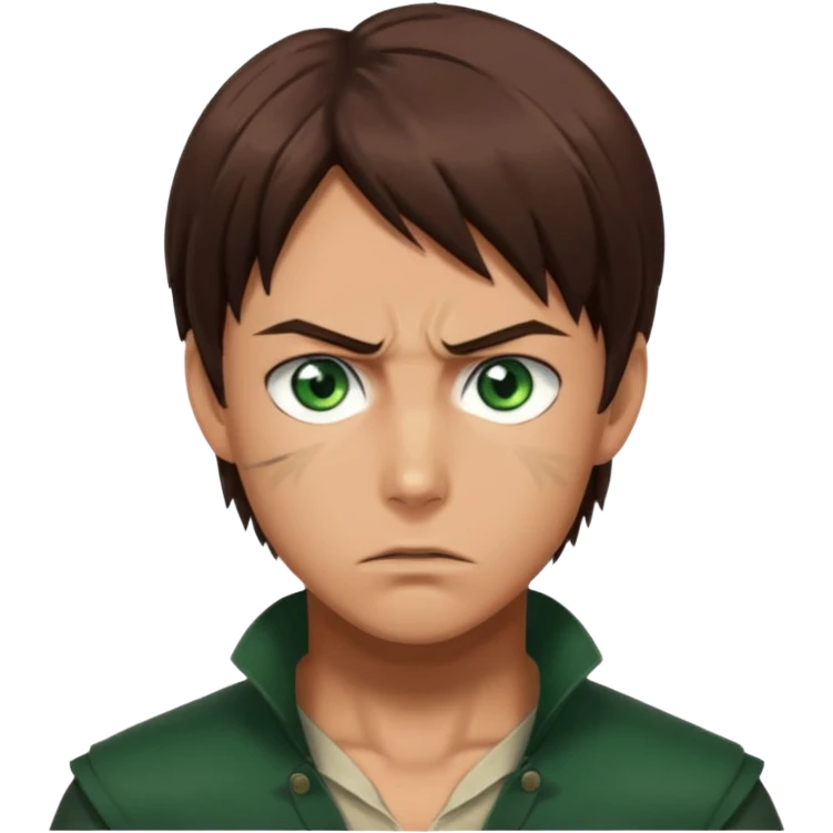 “Make him look like Eren Yeager S3 — long brown hair tied back, strong jawline, sharp green eyes, that cold, intense Eren vibe.” emoji