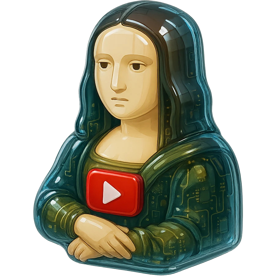 Mona Lisa with a calm or blank expression, no grin or sarcasm, red YouTube play button, glossy circuit style emoji