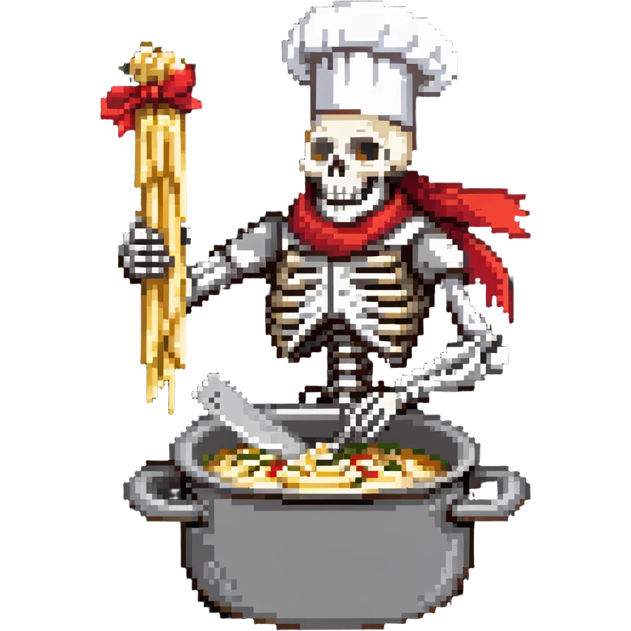 Papyrus from Undertale cooking spaghetti, tall skeleton with red scarf and white armor, enthusiastically stirring pasta in a pot, chef hat emoji