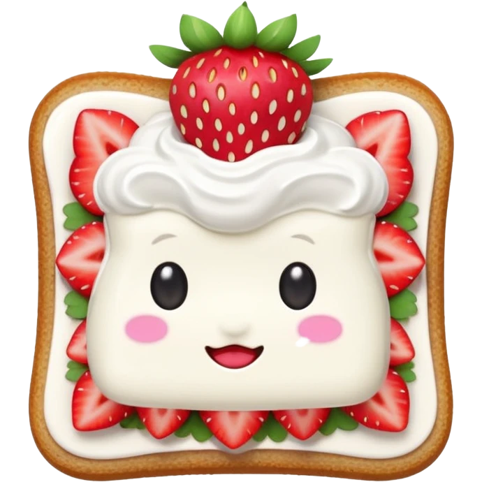 square toast topped with fluffy white cream, decorated with a strawberry bow made from two strawberry halves and a small sliced center, bright red and glossy, Clean soft shading, kawaii emoji style, centered object, no plate, no background, high detail, pastel tone emoji