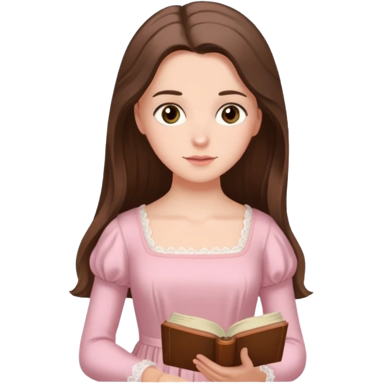  white long brunette hair girl with hazel eyes in light pink reading Pride and Prejudice emoji