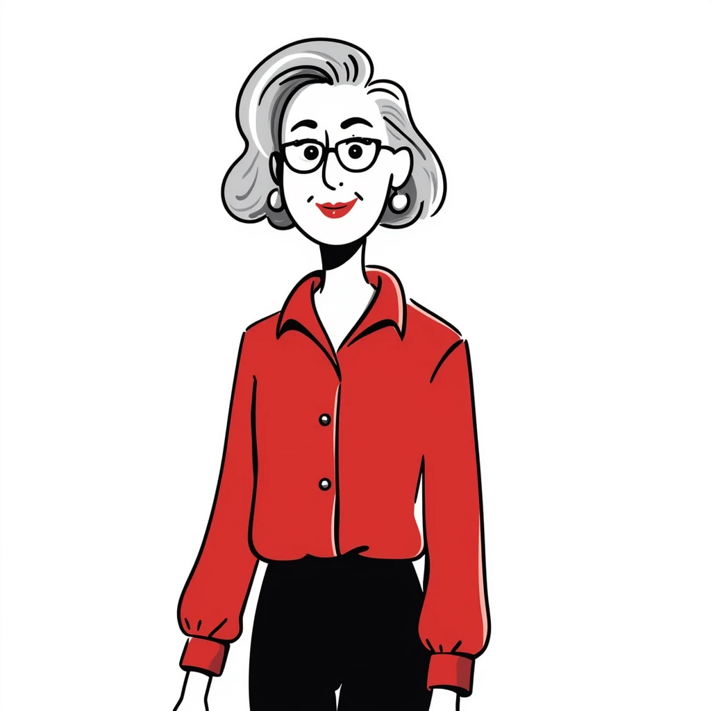 Sophisticated senior woman in her 70s with radiant complexion, elegant silver-gray bob haircut, hazel eyes, defined cheekbones, wearing vibrant red lipstick and a structured red blouse emoji