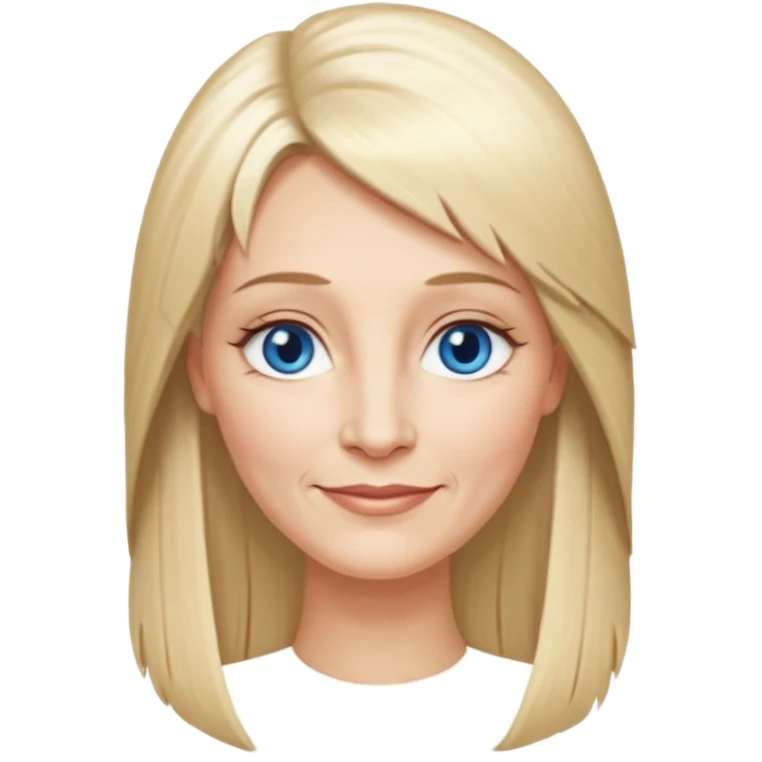 50 yr old white woman, feather bangs, very long straight blond hair, oval face, small smile, blue eyes, thin face, hair downback, hair parted at center of head, round cheeks, pale, longer hair emoji