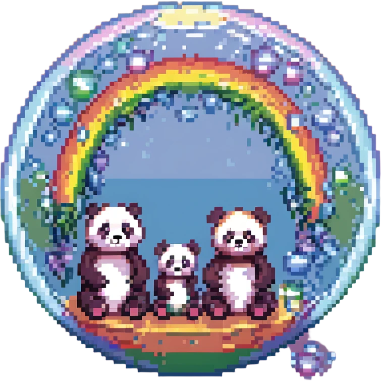 Cinematic still pandas bears sitting inside bubbles flying around San Francisco downtown, sunny summer day, happy vibe, colorfull surround, rainbow emoji