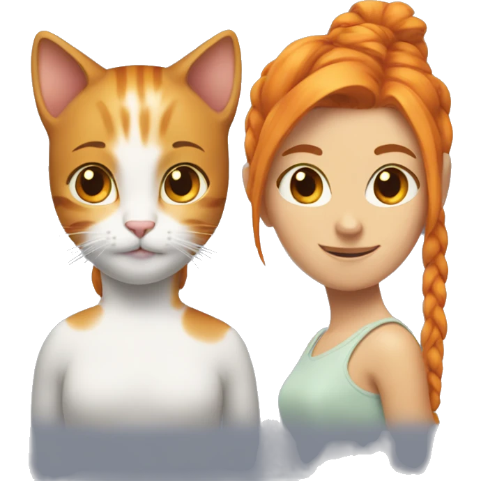 The emoji has two cats and orange hair tied in a ponytail. emoji