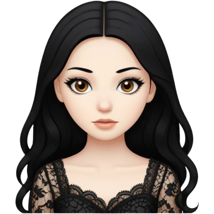 black hair, pretty, BLACK long black hair, pale skin, eyeliner, lace clothes, brown eyes bratz baddie emoji