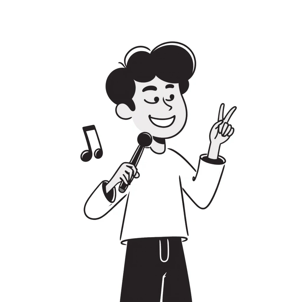 excited happy musician smiling, holding a microphone in one hand and a pencil in the other hand emoji