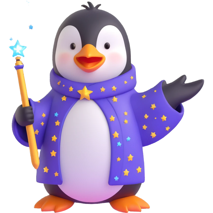 cute penguin wizard with a starry robe and a glowing wand, casting a spell emoji