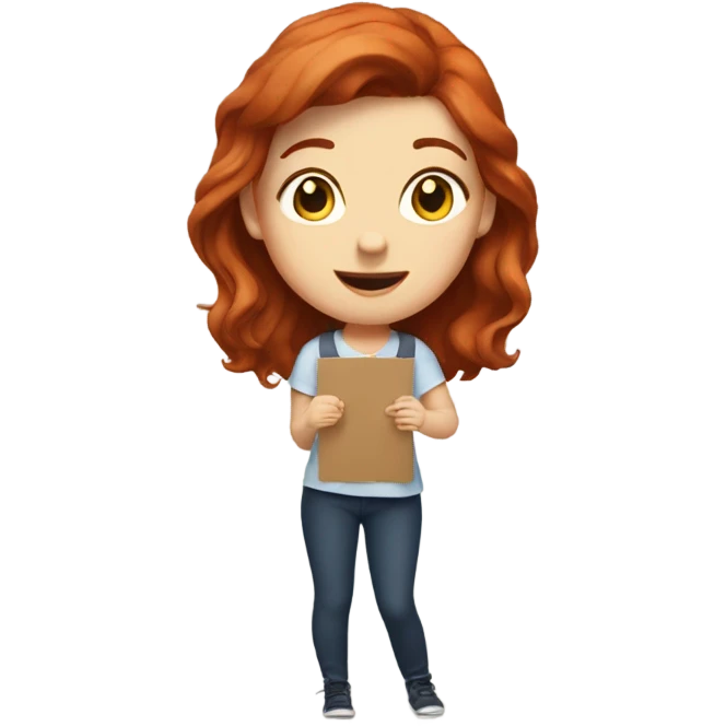 Woman with auburn hair, tapping a sign  emoji