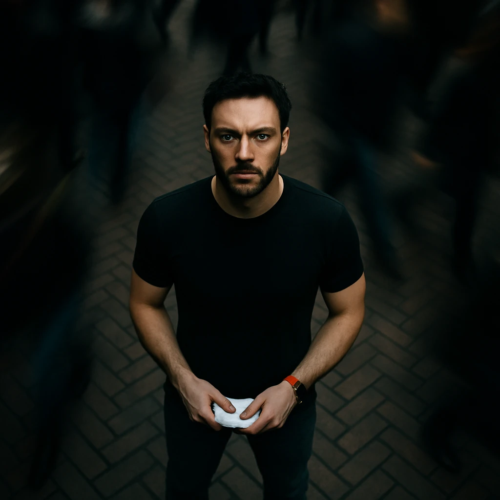 Overhead cinematic shot, person from reference image, no headphones, black shirt, visibly fit and athletic, standing still on a brick sidewalk, motion-blurred crowd rushing past, moody lighting, 35mm film look, shallow depth of field, sharp focus. Urban. Render in a style suitable for cinematic photography with moody lighting and shallow depth of field. emoji