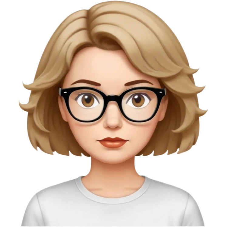 white woman in 50s, light warm skin, short messy bob with some waves, medium brown hair, big black thick glasses, white t-shirt, focused and serene look emoji
