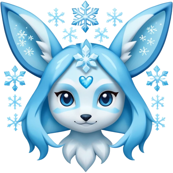 glaceon with snowflakes and light blue hearts around face emoji