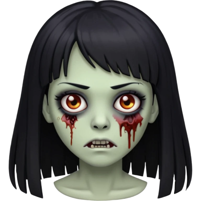 Uma zumbi com cabelos pretos lisos e longos com uma franja emoji