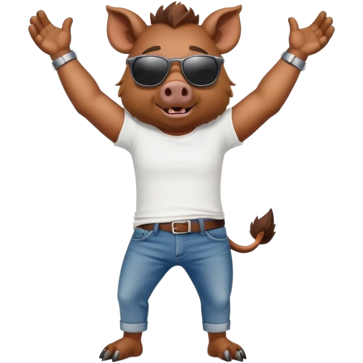 friendly anthropomorphised boar in jeans and a t-shirt, wearing dark sunglasses, stretching pose emoji