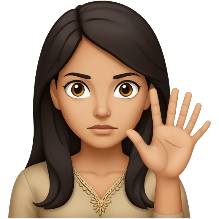Hispanic woman with long hair, determined, hand out saying “no” emoji
