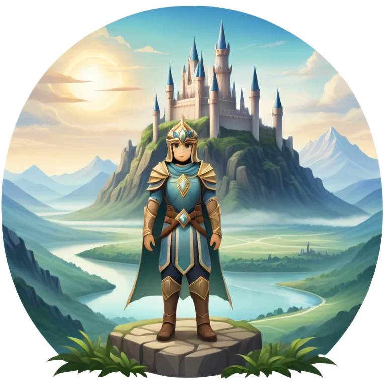 An icon featuring a hero with a closed visor, standing in a majestic, mystical landscape, inspired by RPGs like Elden Ring. The design includes a stunning, ethereal background with towering castles and distant mountains, symbolizing the adventure and mystery. Transparent background emoji