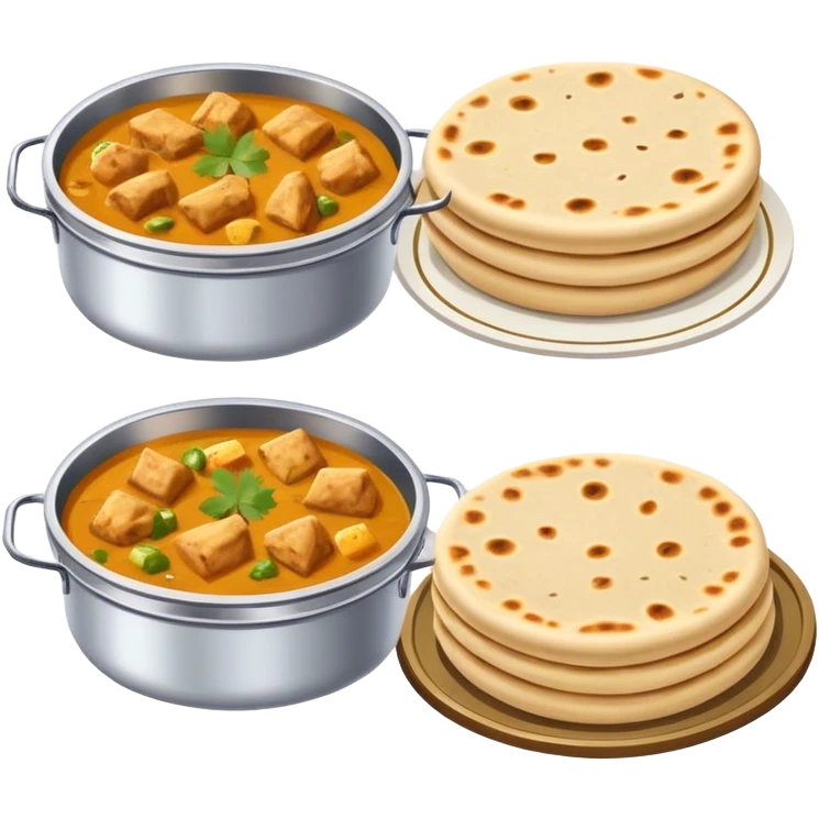 traditional Indian lunchbox (tiffin), each filled with Indian food—one with rice, one with curry, and one with paratha .  emoji