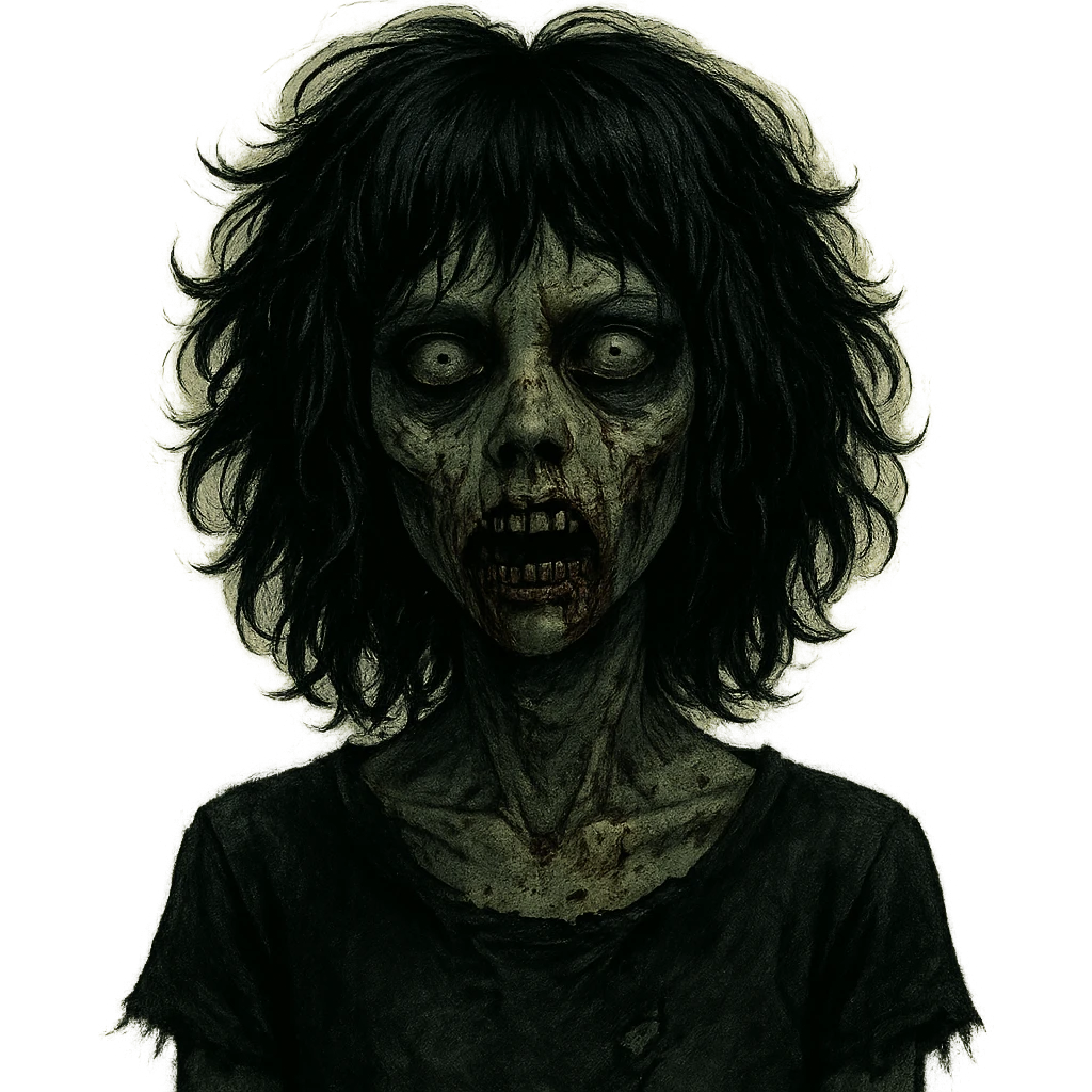 zombie girl with black curly hair, medium length, emo and shaggy, dark and spooky, creepy face emoji