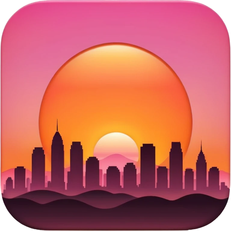 “Simple sunset emoji 🌇 in clean 3D style, smooth rounded shapes, warm orange-pink sky, glossy shiny surface, soft studio lighting, cute emoji look, minimal city silhouette, no text, no shadow, no background (transparent), high-quality 3D render.” emoji
