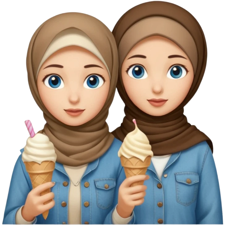 Turkish beautiful finish Konya two girls blue eyes with beige denim hijab islamic dress and had on her hand ice cream emoji