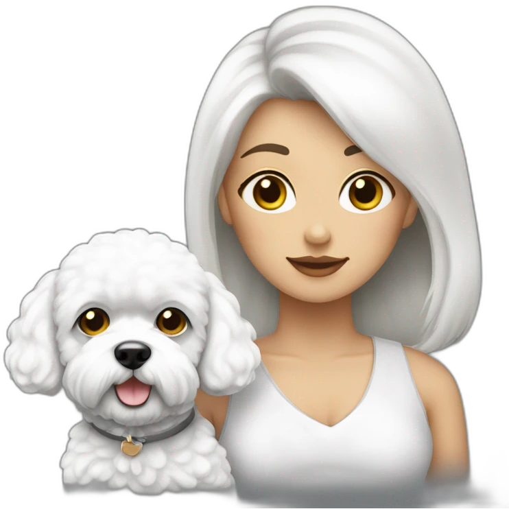 mujer piel blanca con chongo negro con perro bichon blanco emoji