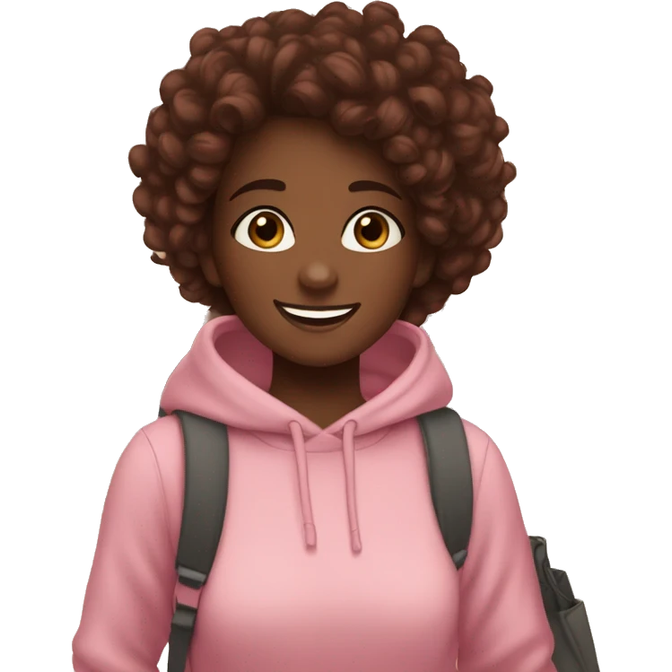 Girl smiling, walking through the mall, dark skin, in a pink sweater, wearing white sneakers, curly hair in a bun on top of her head, marsala hair color, brown eyes, with bags in her hands. emoji