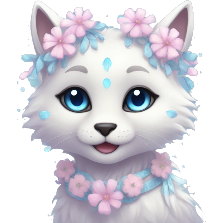 Anthro Cute Cool Pastel Kawaii gorgeous sparkly ethereal fantasy animal creature with blue eyes furry sona with flowers and ribbons beautiful aesthetic emoji