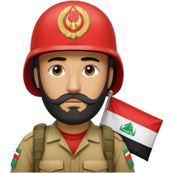 A very tired and sad, swarthy Iraqi soldier with a beard, an Iraqi flag on his helmet, a sad expression and bags under his eyes emoji