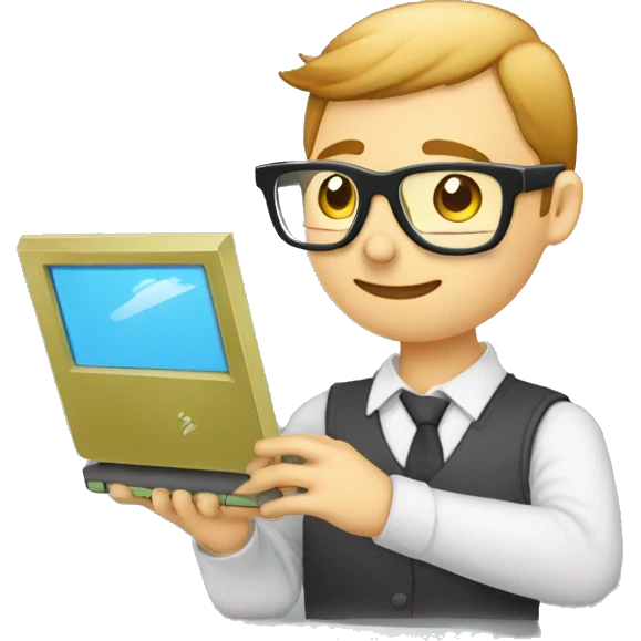 Développeur web qui porte des lunettes avec un pc dans les mains emoji