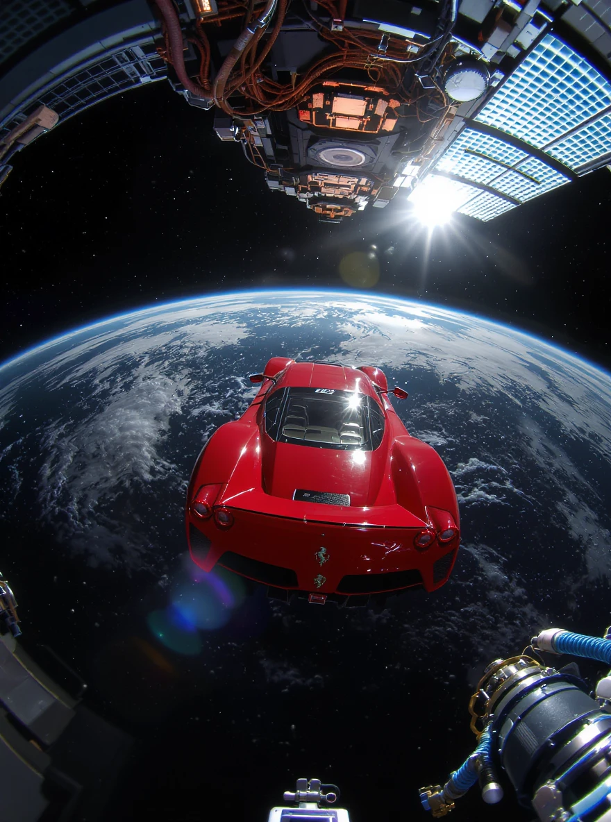 Cinematic still of a ferrari f40 floating in space, shot by space camera connect to spaceship, sun flare, big earth in background, captured by gopro hero with effect fisheye emoji
