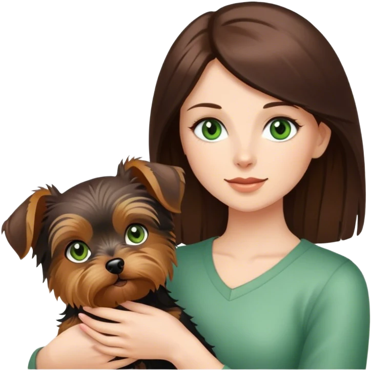 Брюнетка, зеленые глаза, светлая кожа, собака Йорк emoji