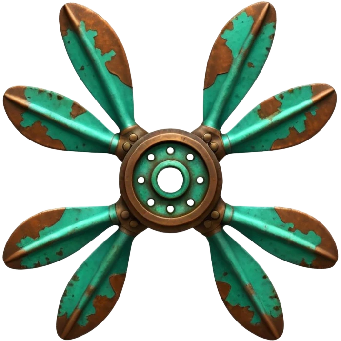 3D render of Ship Propeller, heavily oxidized copper texture, verdigris patina, Bronze blades with green barnacle/rust spots, weathered bronze aesthetic, ancient decay, emoji style, isolated on white background --v 6.0. emoji