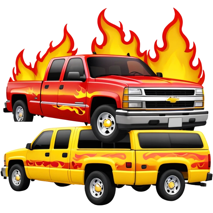 Bright yellow 1997 Chevy Silverado C-2500 Crew Cab with detailed red flame graphics on hood, 30-degree angle showing flames clearly, Kill Bill 'Pussy Wagon' truck, iOS emoji style emoji