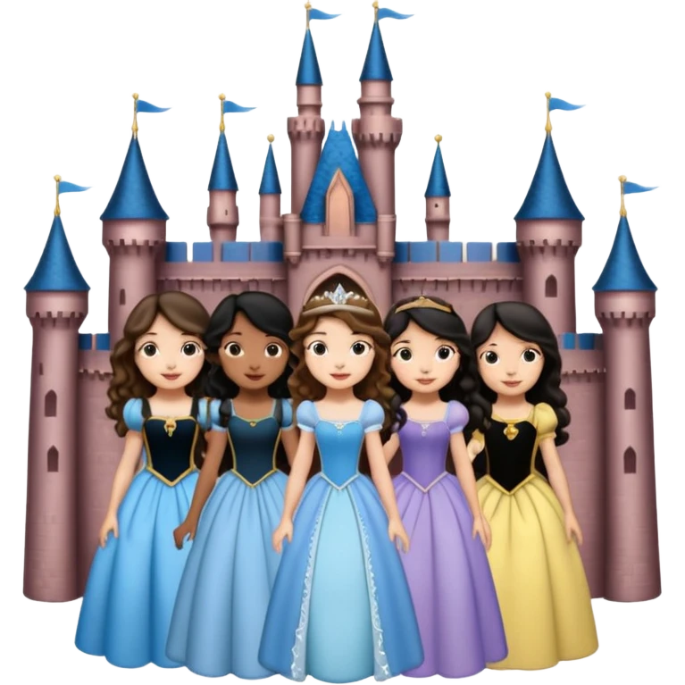 Quiero que crees una imagen donde este el castillo de Disney y por detrás o delante pon a quatro chicas: una con el pelo largo rizado marrón , otra con el pelo corto negro, otra con el pelo mediano liso marrón y otra con el pelo negro largo liso emoji
