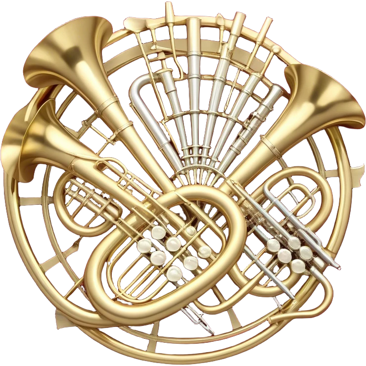 Create a festive and elegant emoji collage featuring a bouquet or fan of bells of wind instrument  (trumpets, saxophones, trombones, tubes, etc.) arranged in a radiant, symmetrical pattern. The instruments should have polished, golden and silver finishes, with their large, shiny bells forming a beautiful, fan-like display. Include a flowing ribbon of musical notes swirling through the center, conveying movement and melody. The background should feature a deep red velvet texture, adding a touch of luxury and sophistication. The overall composition should be balanced, with an elegant and regal feel, with a transparent background to keep focus on the instruments and musical elements. emoji