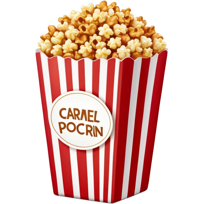large package of caramel popcorn, red and white vertically striped package with thick stripes, golden brown caramel popcorn visible at the top, no text or labels on package, only stripe pattern, authentic Apple emoji style with glossy finish, prominent package size emoji