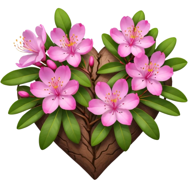 Natural rhododendron branches with a few flowers in a heart shape emoji
