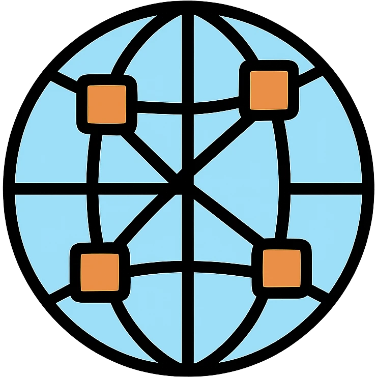 network globe with blue lines and realistic brown boxes at intersection points emoji